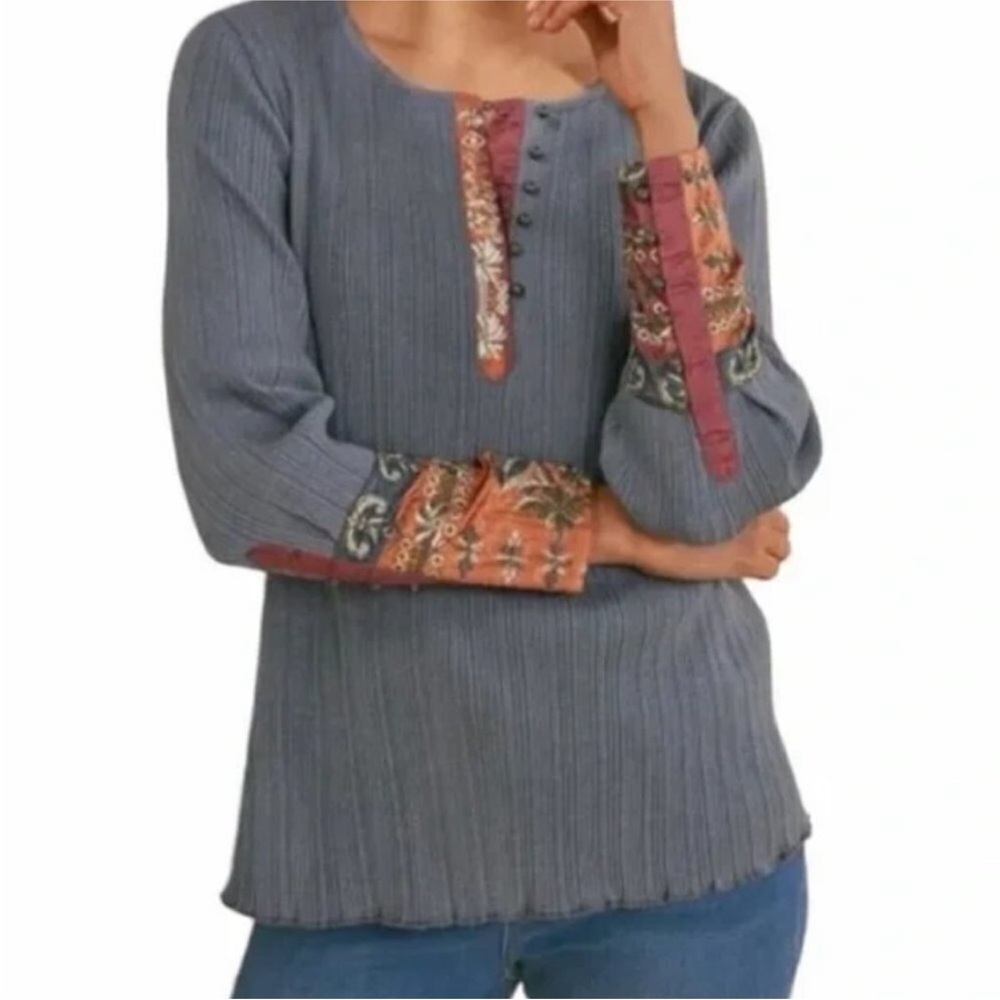 Soft Surroundings Ribbed Grey and Multicolor Embroidered Tunic